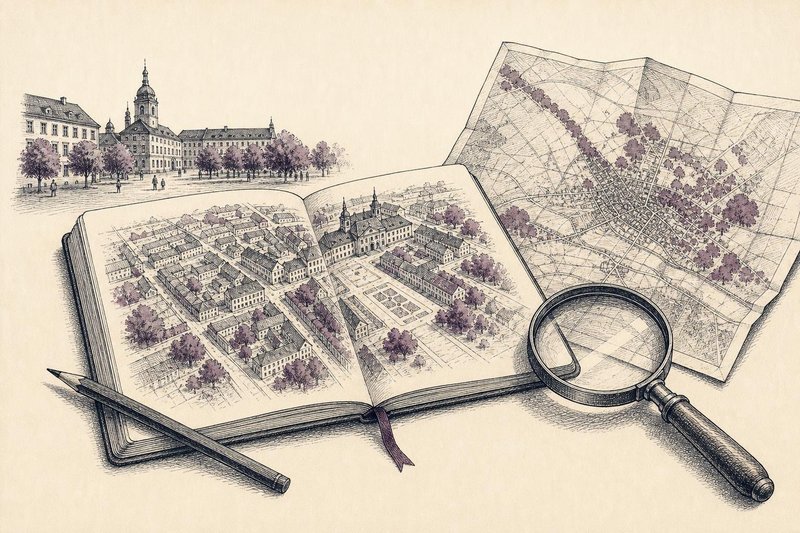 Kupferstich-Illustration eines aufgeschlagenen Notizbuchs mit Stadtskizze, daneben Bleistift, Lupe und eine Taschenuhr auf einem Holztisch