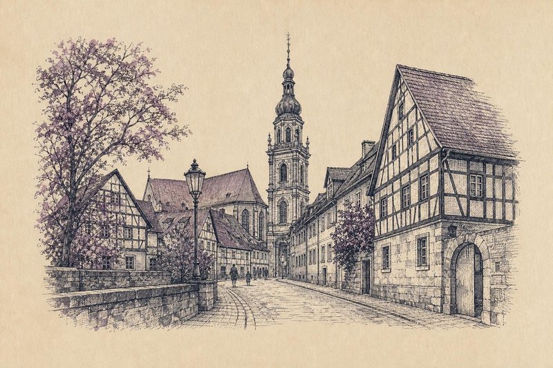 Kupferstich-Illustration des Martin-Luther-Platzes in Erlangen mit dem hohen Turm der Altstädter Kirche, barocken Bürgerhäusern und dem alten Rathaus