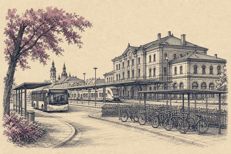 Kupferstich-Illustration eines Bahnhofs mit einfahrendem Zug, Bahnsteig mit Reisenden und abgestellten Fahrrädern im Vordergrund