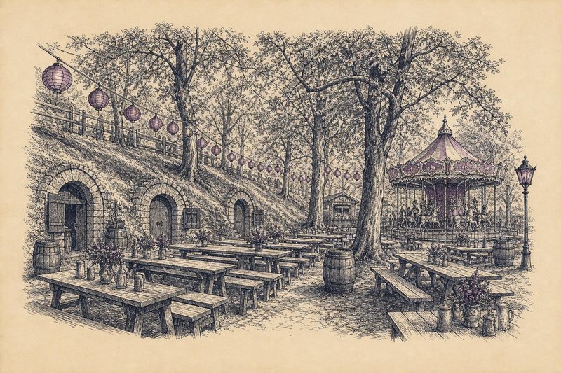 Illustration der Bierkeller am Erlanger Burgberg mit Biertischen unter alten Kastanien und einem Riesenrad im Hintergrund