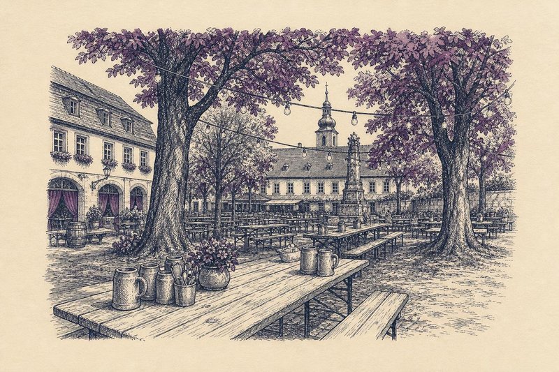 Illustration einer fränkischen Dorfkirchweih mit geschmücktem Kärwabaum, Blaskapelle und Biertischen vor einer kleinen Kirche