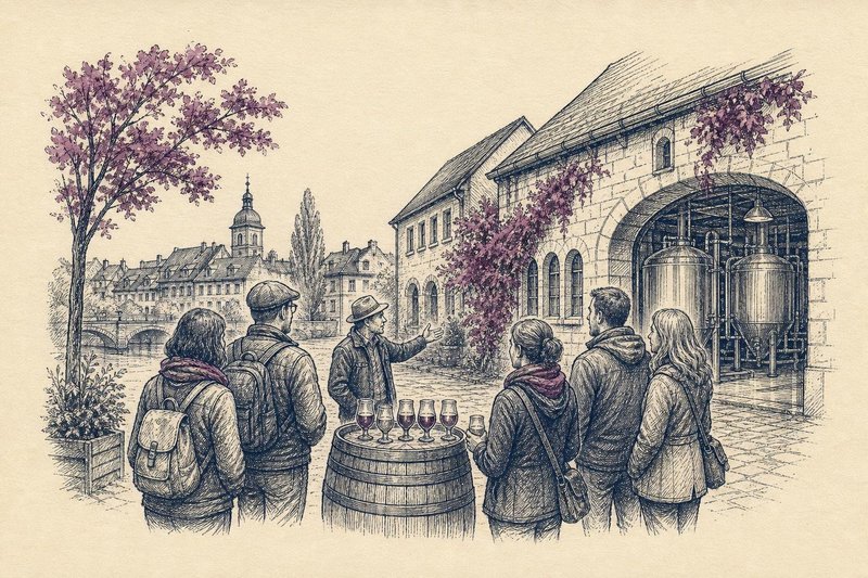 Illustration einer kleinen Gruppe bei einer Bierverkostung in einem Gewölbekeller mit Holzfässern und Laternenlicht
