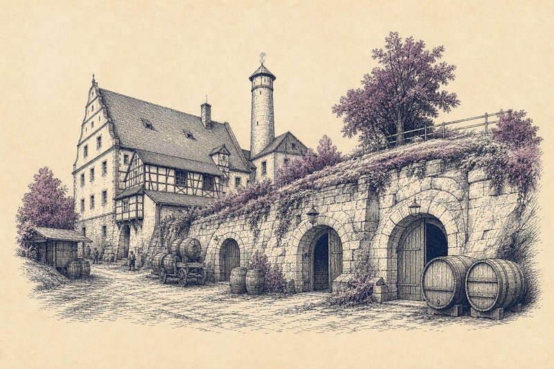 Illustration eines historischen Brauereihofs in Erlangen mit Holzfässern, Pferdefuhrwerk und dem bewaldeten Burgberg im Hintergrund