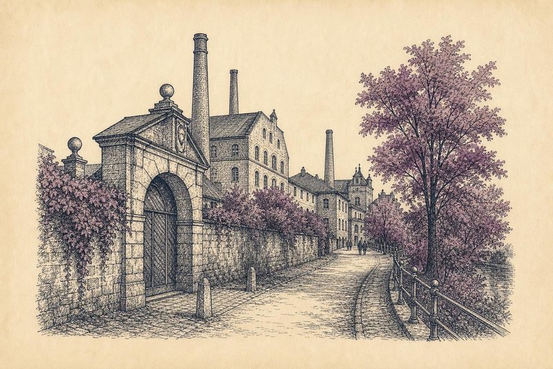Illustration eines Stadtspaziergangs durch die Erlanger Altstadt mit barocken Häuserfassaden und einem Hinweisschild mit Bierkrug-Symbol