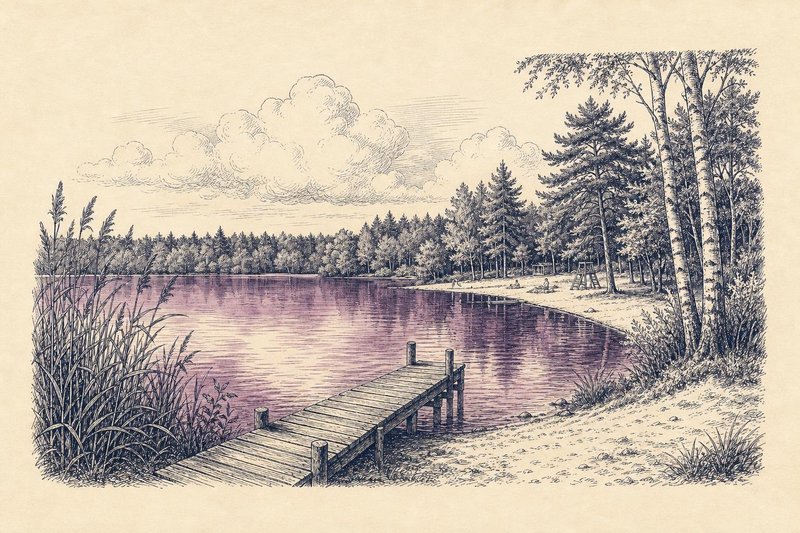 Kupferstich-Illustration des Dechsendorfer Weihers mit Badestrand, Tretbooten, Schilfufer und Kiefernwald