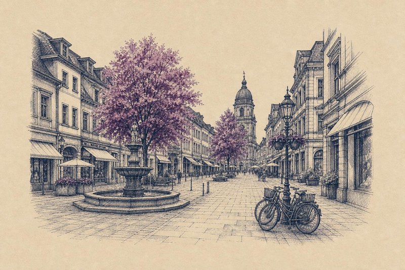 Kupferstich-Illustration einer barocken Einkaufsstraße in Erlangen mit gleich hohen Häusern, Ladenschildern, Passanten und Marktständen am Ende der Straße