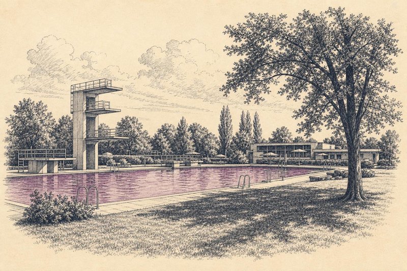 Kupferstich-Illustration eines Freibads mit Sprungbrett, Schwimmern und Bäumen, im Hintergrund ein Kanal mit Radfahrern