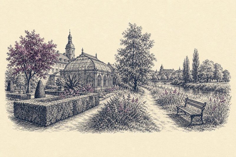 Kupferstichartige Illustration eines barocken Schlossgartens mit Orangerie, Brunnen und Spaziergängern unter alten Bäumen