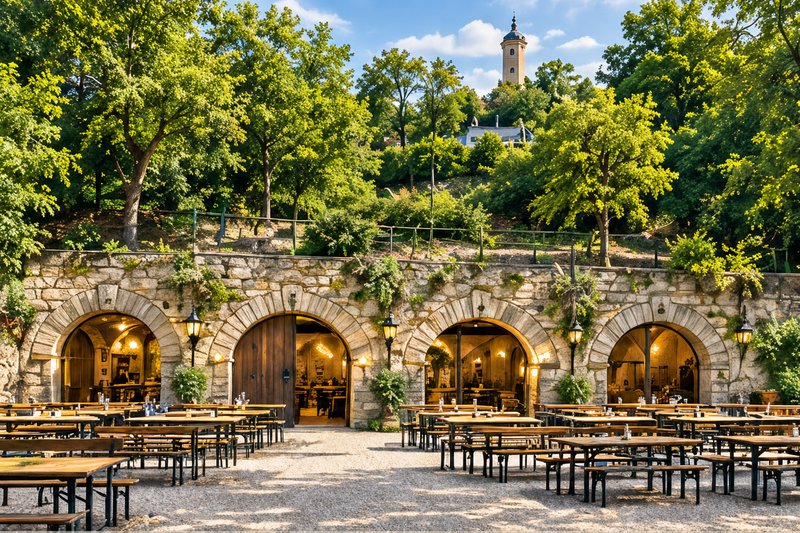 Bierkeller mit Rundbogentoren im Sandsteinhang, davor Biertische unter Bäumen (mit AI erstelltes Bild)