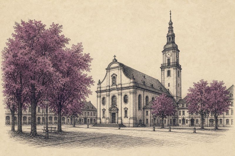 Kupferstich-Illustration einer schlichten barocken Saalkirche mit hohem Turm an einem städtischen Platz