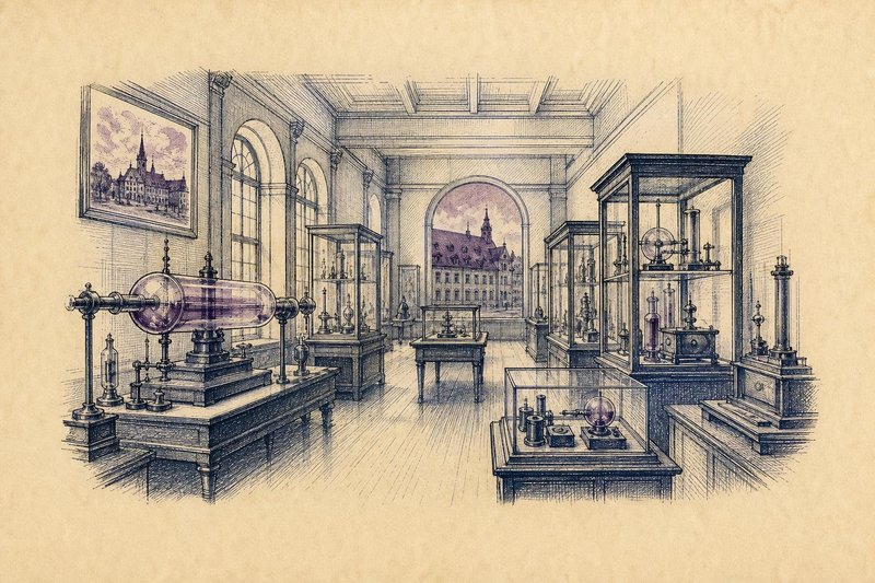 Kupferstichartige Illustration einer historischen Röntgenröhre und eines frühen Röntgengeräts in einer alten Maschinenhalle