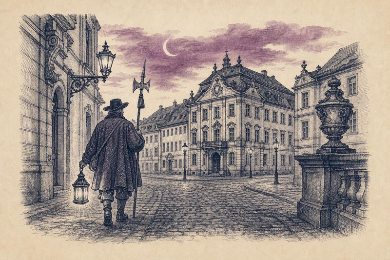 Kupferstich-Illustration eines Nachtwächters mit Laterne, Horn und Hellebarde in einer nächtlichen Gasse mit barocken Häusern