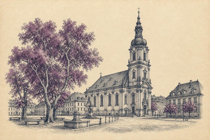 Kupferstichartige Illustration der Neustädter Kirche in Erlangen mit hohem, mehrgeschossigem Barockturm mit Säulenordnungen und Laterne