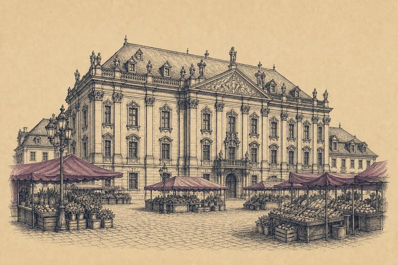 Kupferstich-Illustration eines dreigeschossigen Barockpalais mit Mansarddach an einem Marktplatz mit Brunnen