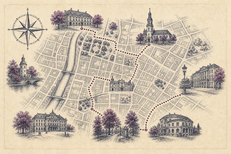 Kupferstich-Illustration eines Stadtplans mit gestrichelter Wegroute, Kompassrose und kleinen Gebäudesymbolen von Kirche, Schloss und Turm