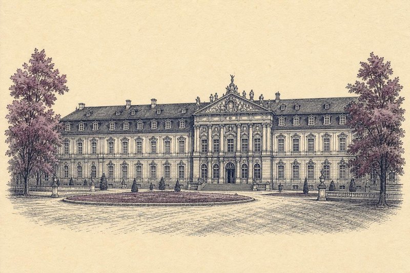 Kupferstich-Illustration der barocken Schlossfassade am Erlanger Schlossplatz mit Denkmal davor