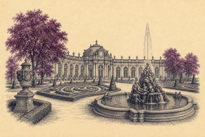 Kupferstich-Illustration des Erlanger Schlossgartens mit großem Barockbrunnen, Rasenflächen und Orangerie im Hintergrund