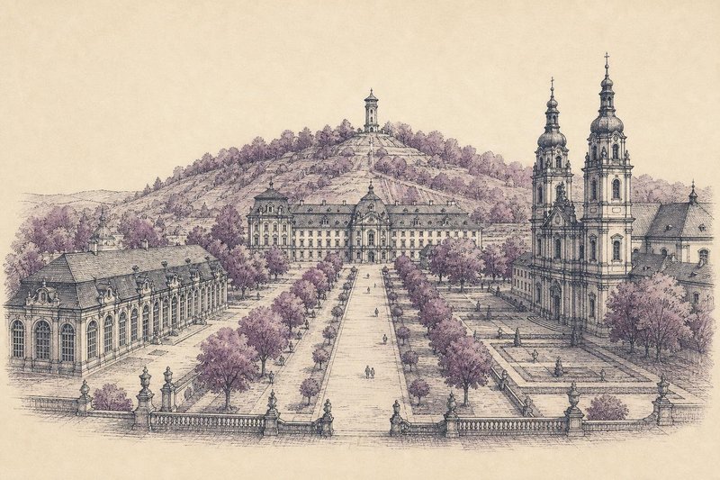 Kupferstich-Illustration des Erlanger Schlossplatzes mit barocker Schlossfassade, Brunnen und Bäumen des Schlossgartens