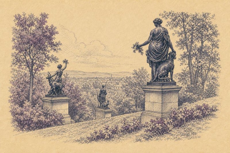 Kupferstich-Illustration großer abstrahierter Bronzefiguren in einem terrassierten Garten am Hang mit Bäumen