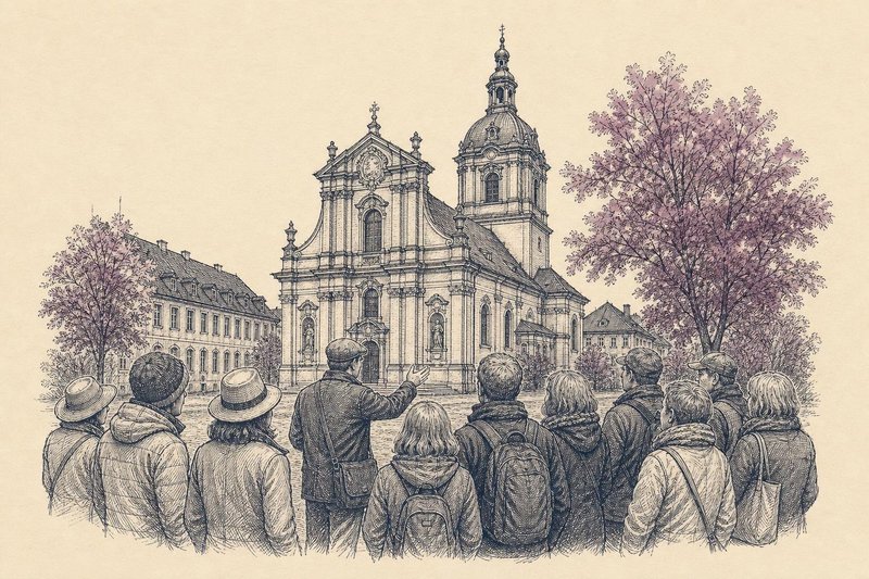 Kupferstich-Illustration einer Stadtführerin mit Schirm vor einer kleinen Gruppe auf einem barocken Platz mit Brunnen