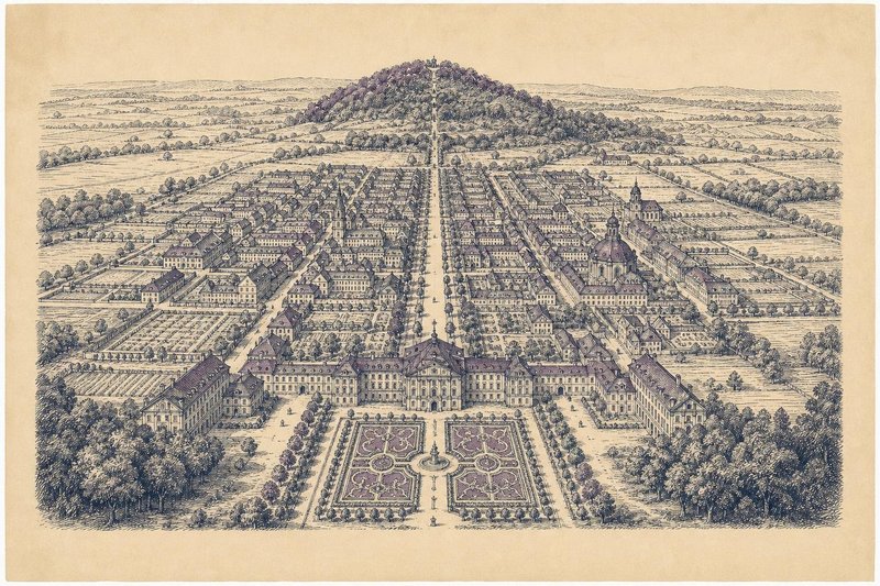 Gezeichneter Blick auf die barocke Planstadt Erlangen mit Schlossgarten und Burgberg