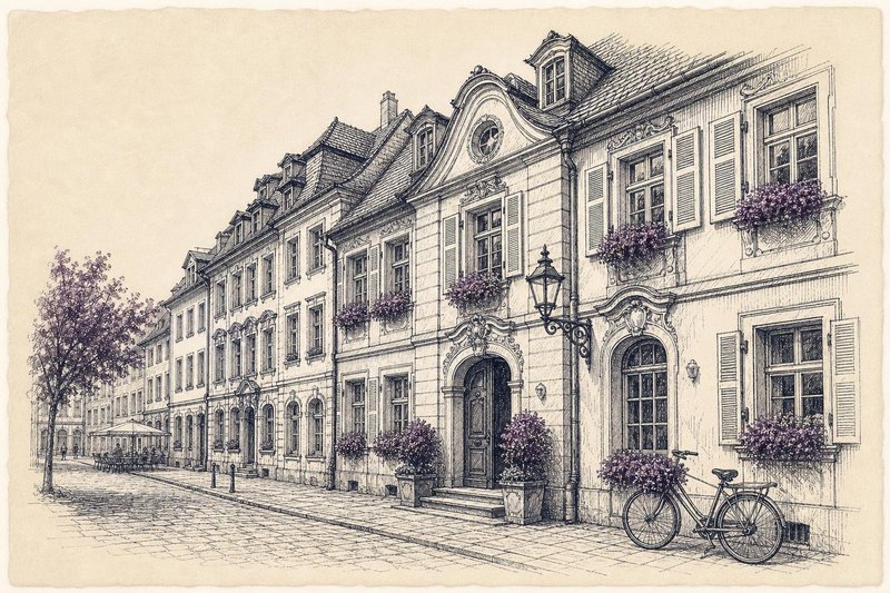 Kupferstich-Illustration einer barocken Häuserzeile mit Gauben, einem offenen Fensterladen und einem Koffer vor einer Haustür