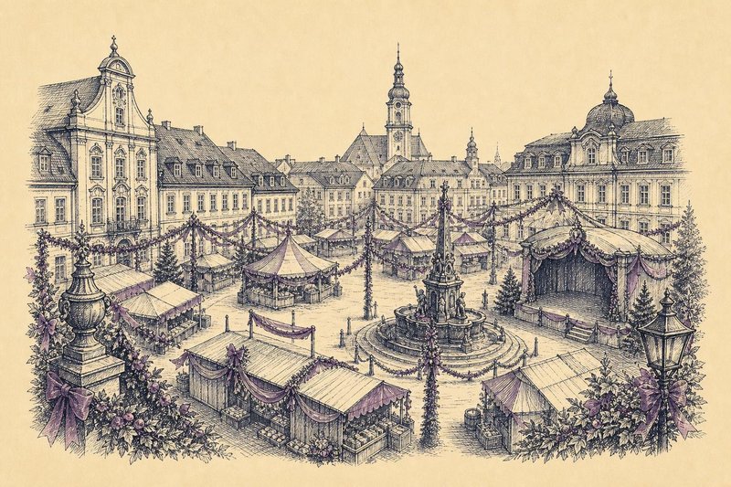 Kupferstich-Illustration eines Festes auf dem Erlanger Schlossplatz mit Marktbuden, Menschen unter Lichterketten und der Schlossfassade im Hintergrund