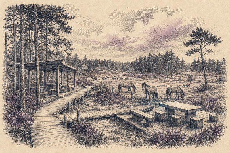 Kupferstichartige Illustration eines Kiefernwalds mit Holzpavillon, Kindern auf einem Waldpfad und Przewalski-Pferden auf einer sandigen Lichtung