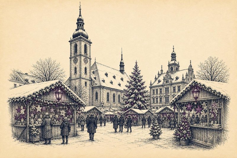 Kupferstich-Illustration eines Weihnachtsmarkts vor einer barocken Schlossfassade mit Tannenbäumen, Holzbuden, Laternen und leichtem Schneefall